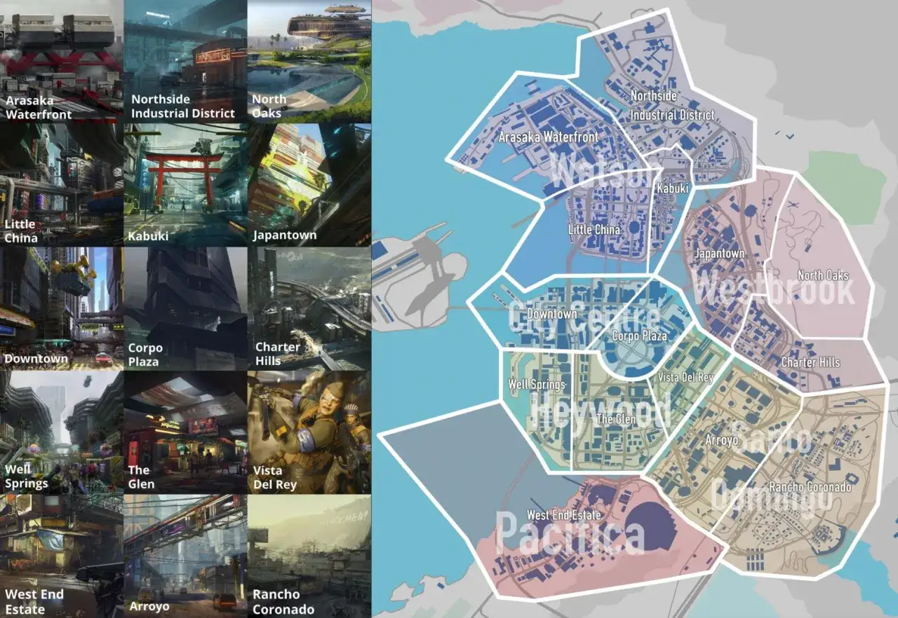 Mapa nocnego miasta z dzielnicami: Arasaka Waterfront, Little China, Downtown, Northside Industrial District, Kabuki, Japantown, Corpo Plaza, Charter Hills, Well Springs, The Glen, Vista Del Rey, Arroyo, Rancho Coronado, Westbrook, North Oaks, Pacifica.