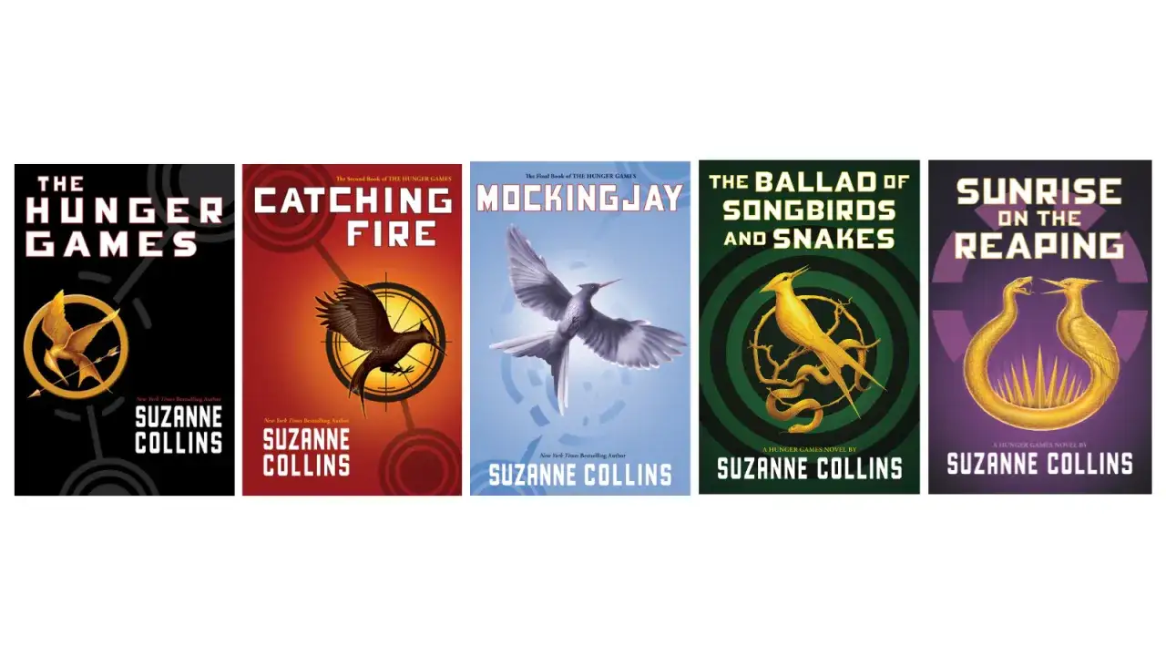 Kolejność książek z serii Igrzyska Śmierci: The Hunger Games, Catching Fire, Mockingjay, The Ballad of Songbirds and Snakes, Sunrise on the Reaping.