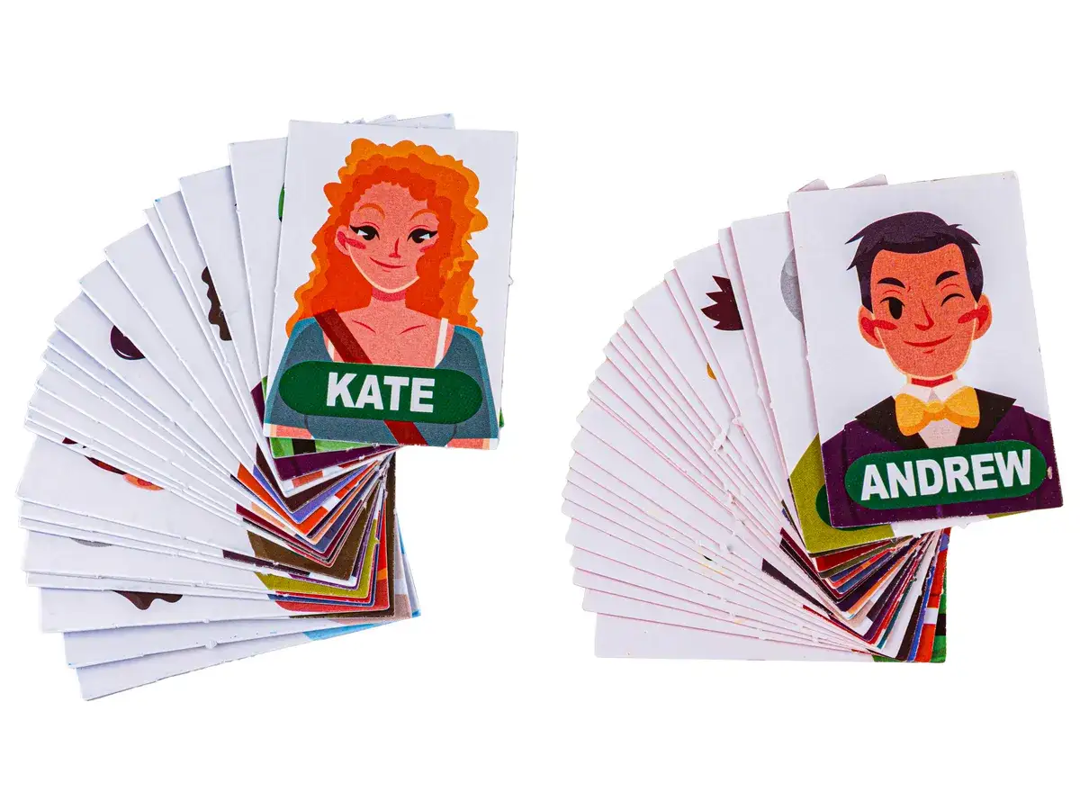 Karty do gry rysowanie z postaciami Kate i Andrew.