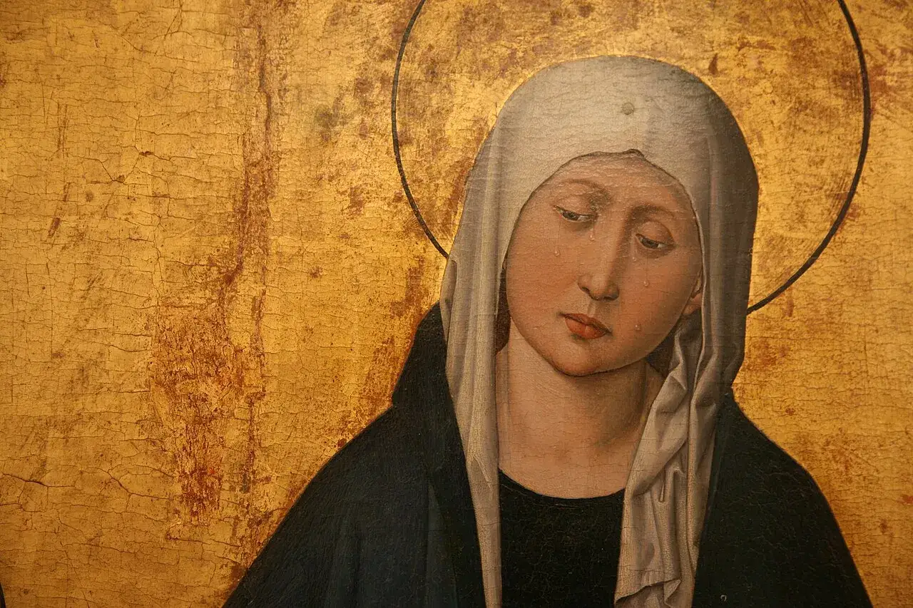 Obraz przedstawia Matkę Boską, stabat mater dolorosa, z łzami w oczach i złotym tłem.