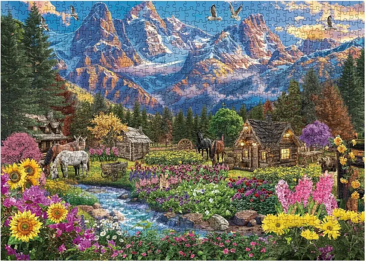 Ukladanie puzzli krajobrazy: malownicza dolina z chatkami, końmi, kwiatami i górami w tle.
