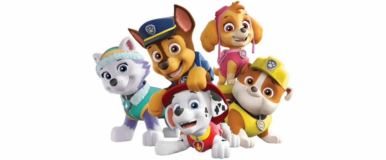 Radosne psi patrol postacie: Chase, Skye, Everest, Marshall i Rubble gotowi do akcji.