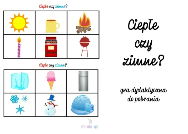 Gra "Ciepłe czy zimne?" z obrazkami: słońce, kubek, ognisko, świeca, kuchenka, grill, lód, lody, lodówka, płatki śniegu, bałwan, igloo.
