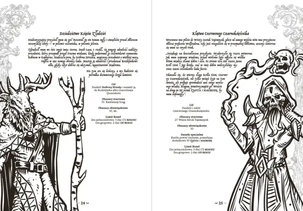 Ilustracje z gry planszowej: postać z rogami i kostiumem, oraz szkielet w kapturze. Opisy misji i zasad gry.