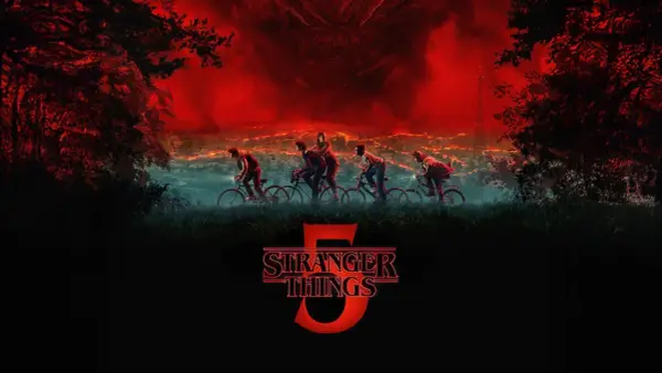 Dzieci na rowerach jadą przez miasto w tle, nad którym wisi potworna, czerwona chmura. To zapowiedź kolejnego sezonu, czyli **stranger things scenariusz**.