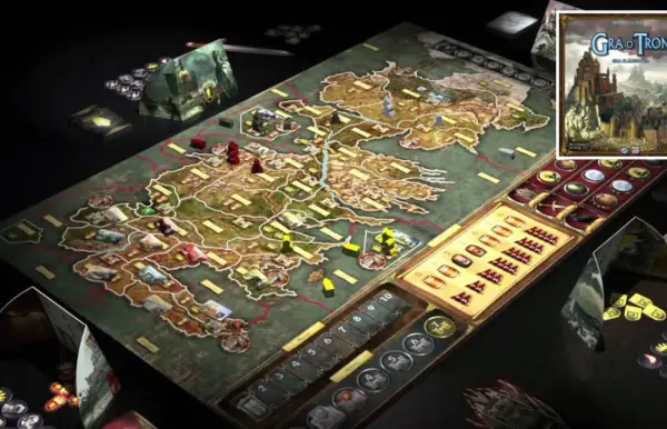 Gra planszowa "Gra o Tron" przypominająca Splendor, z mapą Westeros, pionkami i kartami.