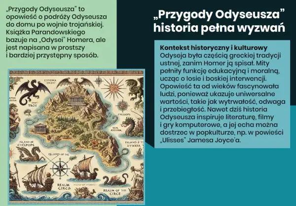 Ilustrowana mapa przedstawia odyseję Odyseusza, pełną mitycznych stworzeń i wysp, od Troi do domu.