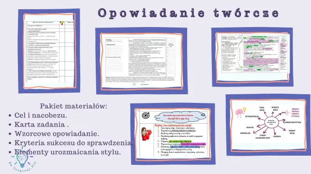 Pakiet materiałów do opowiadania twórczego: cele, karta zadania, wzorcowe opowiadanie, kryteria sukcesu i elementy urozmaicania stylu.