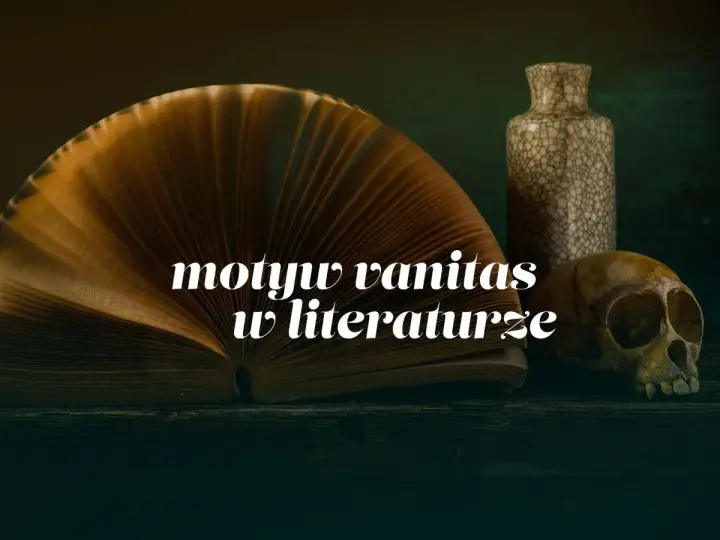 Otwarta księga, czaszka i waza tworzą kompozycję symbolizującą motyw vanitas w literaturze, przypominając o przemijaniu.