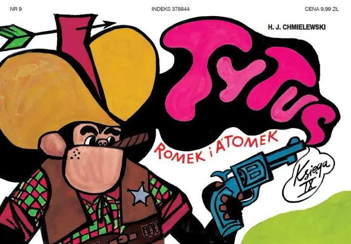 Szeryf z cygarem i rewolwerem, w kapeluszu kowbojskim. Okładka komiksu "Romek i Atomek", część serii o dzikim zachodzie.
