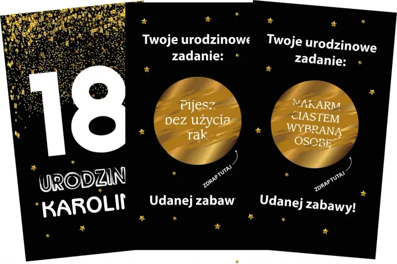 Złote karty z zadaniami na 18 urodziny: "Pijesz bez użycia rąk" i "Nakarm ciastem wybraną osobę". Udanej zabawy!