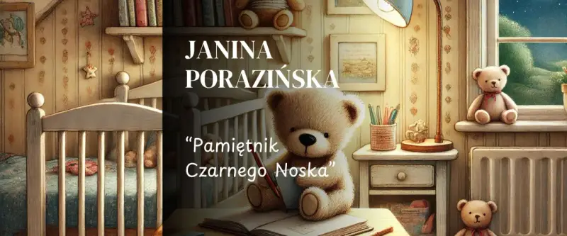 Miś z czarnym noskiem pisze w pamiętniku. Obok przybory do pisania i lampka. W tle łóżeczko i okno.